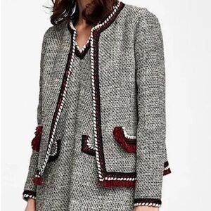 Zara Basic Black White Red Tweed Braided Trim Fringe Jacket Blazer Women’s Small